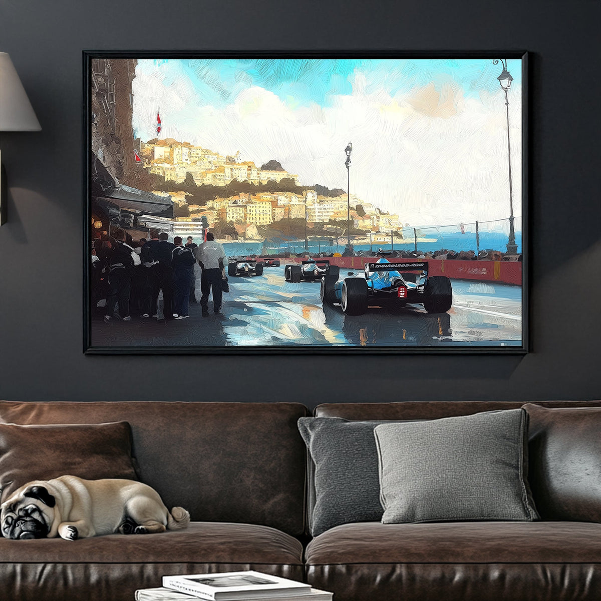Monaco Grand Prix street race with Formula 1 cars speeding past the coastal cityscape, reflections on wet pavement, and a crowd watching in anticipation.
