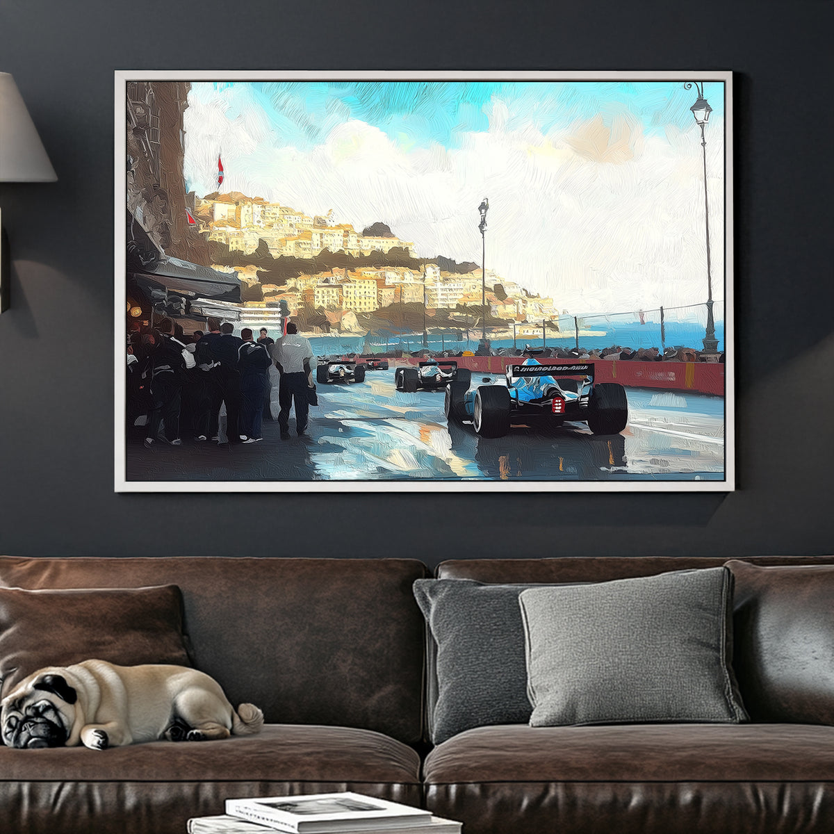 Monaco Grand Prix street race with Formula 1 cars speeding past the coastal cityscape, reflections on wet pavement, and a crowd watching in anticipation.