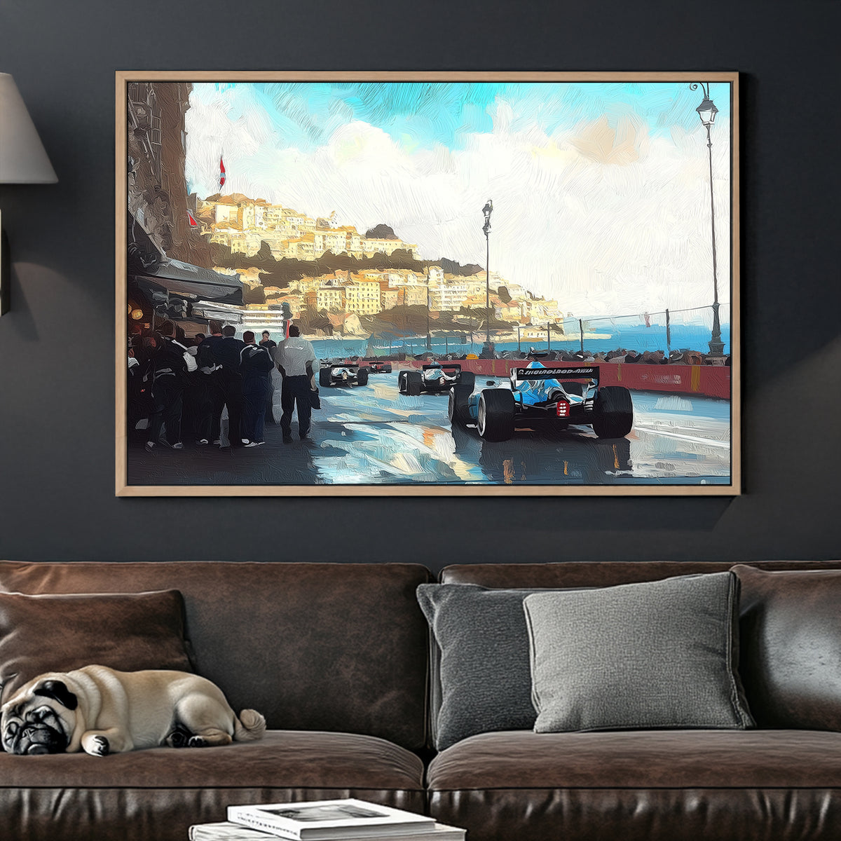 Monaco Grand Prix street race with Formula 1 cars speeding past the coastal cityscape, reflections on wet pavement, and a crowd watching in anticipation.
