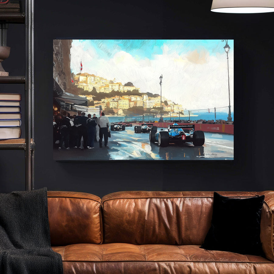 Monaco Grand Prix street race with Formula 1 cars speeding past the coastal cityscape, reflections on wet pavement, and a crowd watching in anticipation.