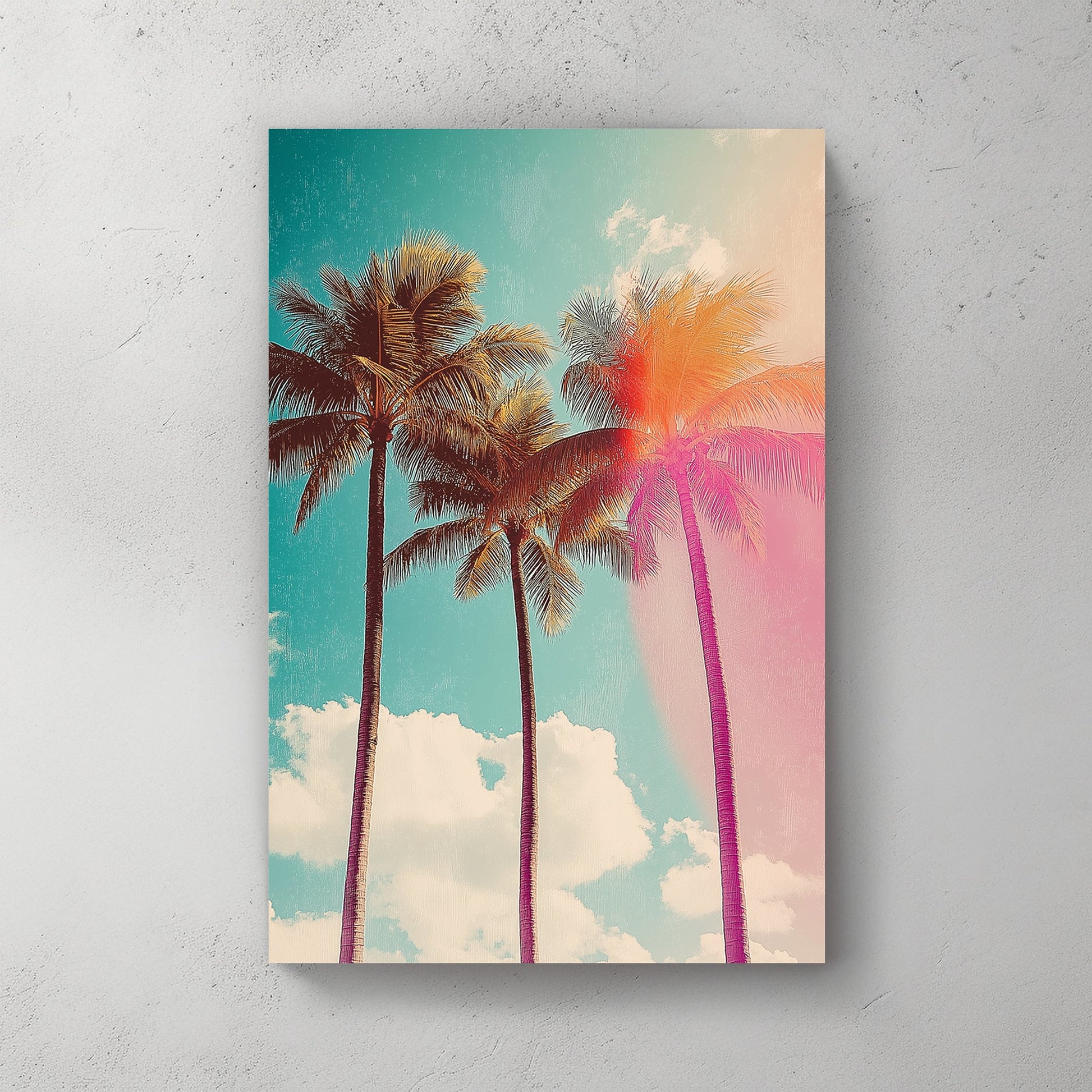 Retro-inspired palm tree artwork with a sunlit glow and vintage colour tones, evoking a tropical, laid-back vibe.