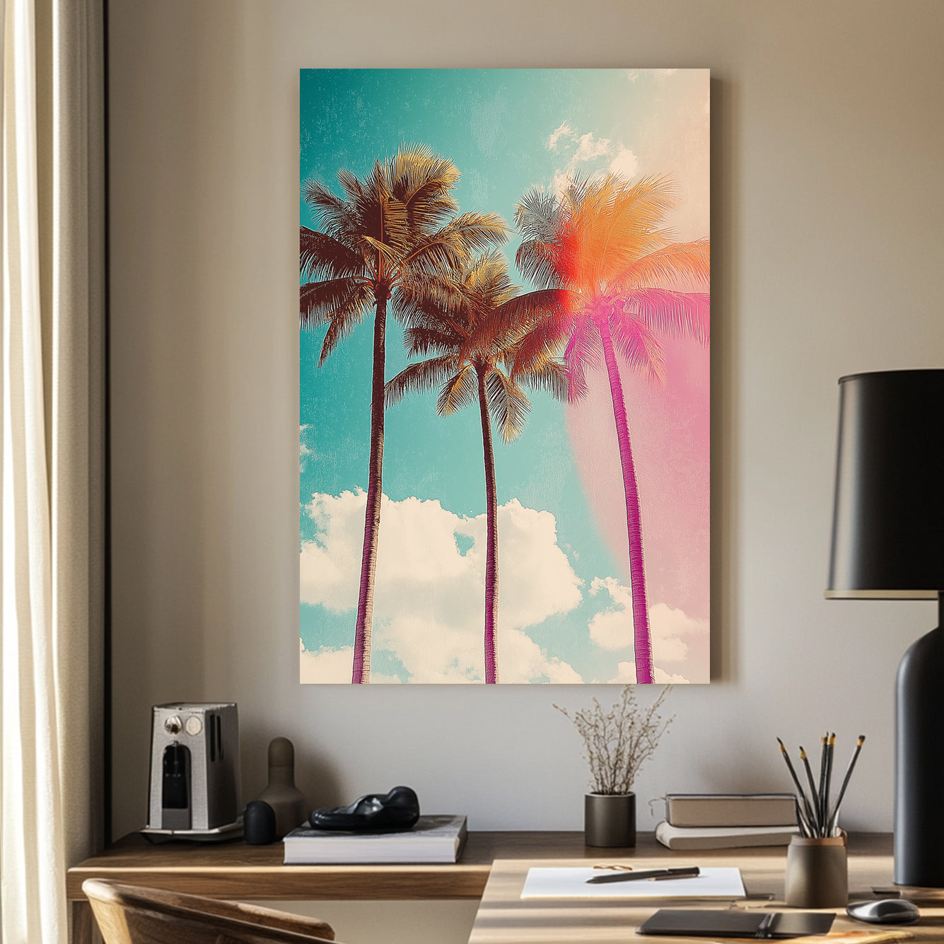 Retro-inspired palm tree artwork with a sunlit glow and vintage colour tones, evoking a tropical, laid-back vibe.