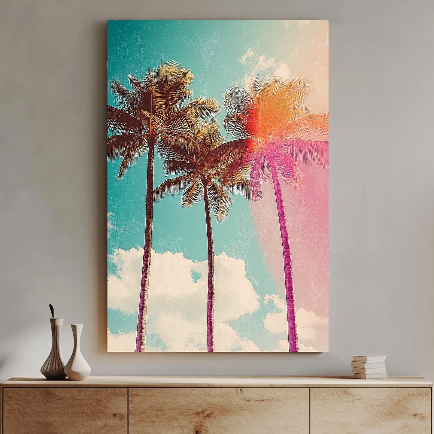 Retro-inspired palm tree artwork with a sunlit glow and vintage colour tones, evoking a tropical, laid-back vibe.