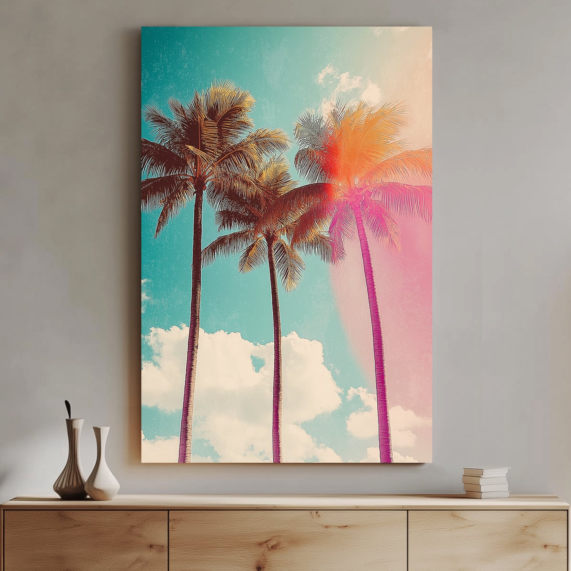 Retro-inspired palm tree artwork with a sunlit glow and vintage colour tones, evoking a tropical, laid-back vibe.