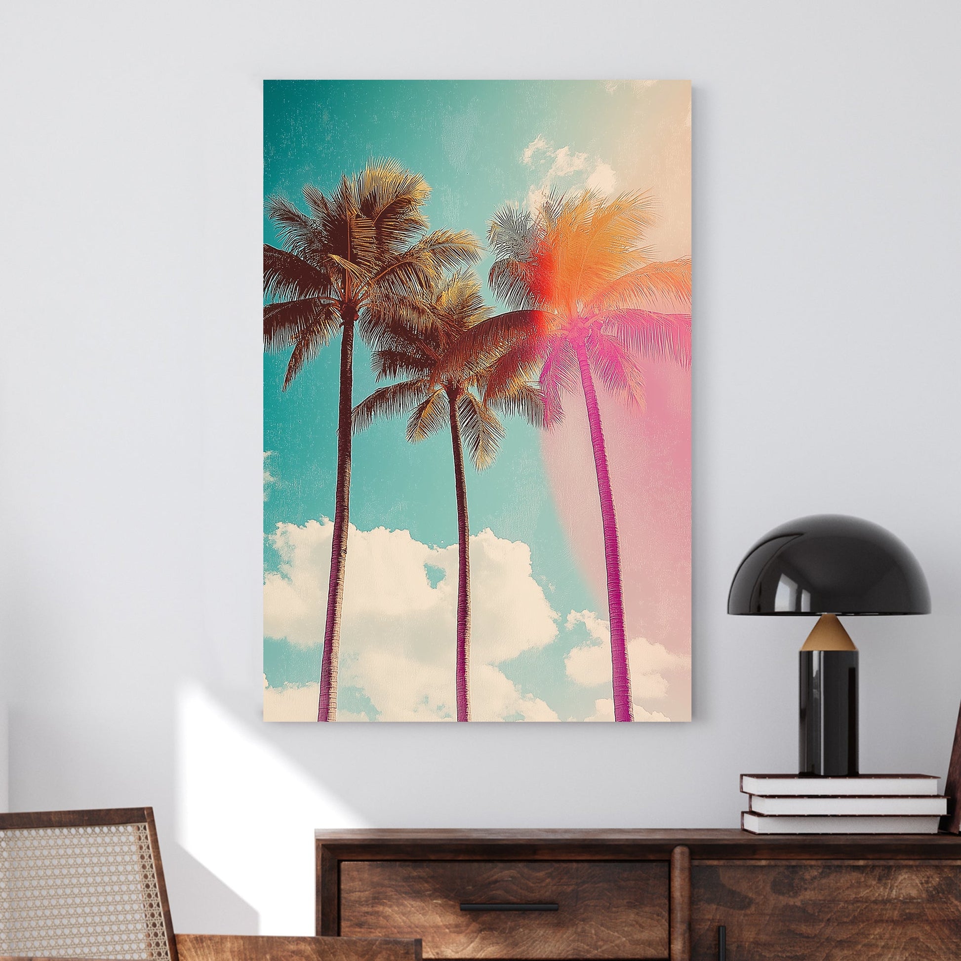 Retro-inspired palm tree artwork with a sunlit glow and vintage colour tones, evoking a tropical, laid-back vibe.