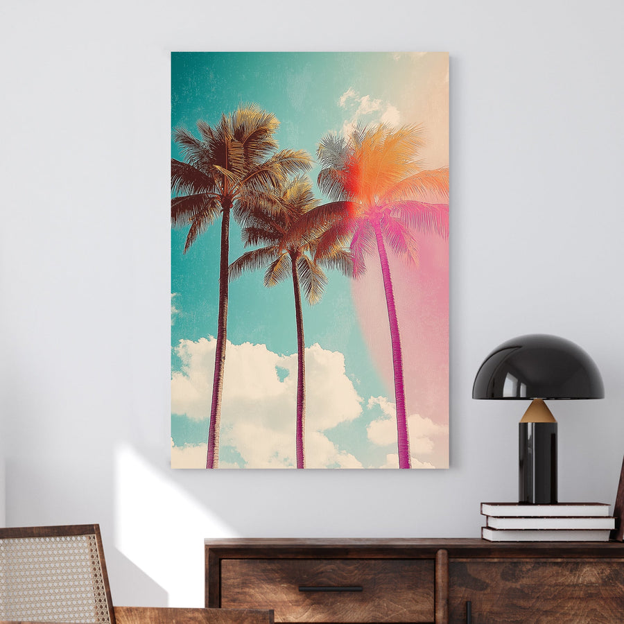 Retro-inspired palm tree artwork with a sunlit glow and vintage colour tones, evoking a tropical, laid-back vibe.
