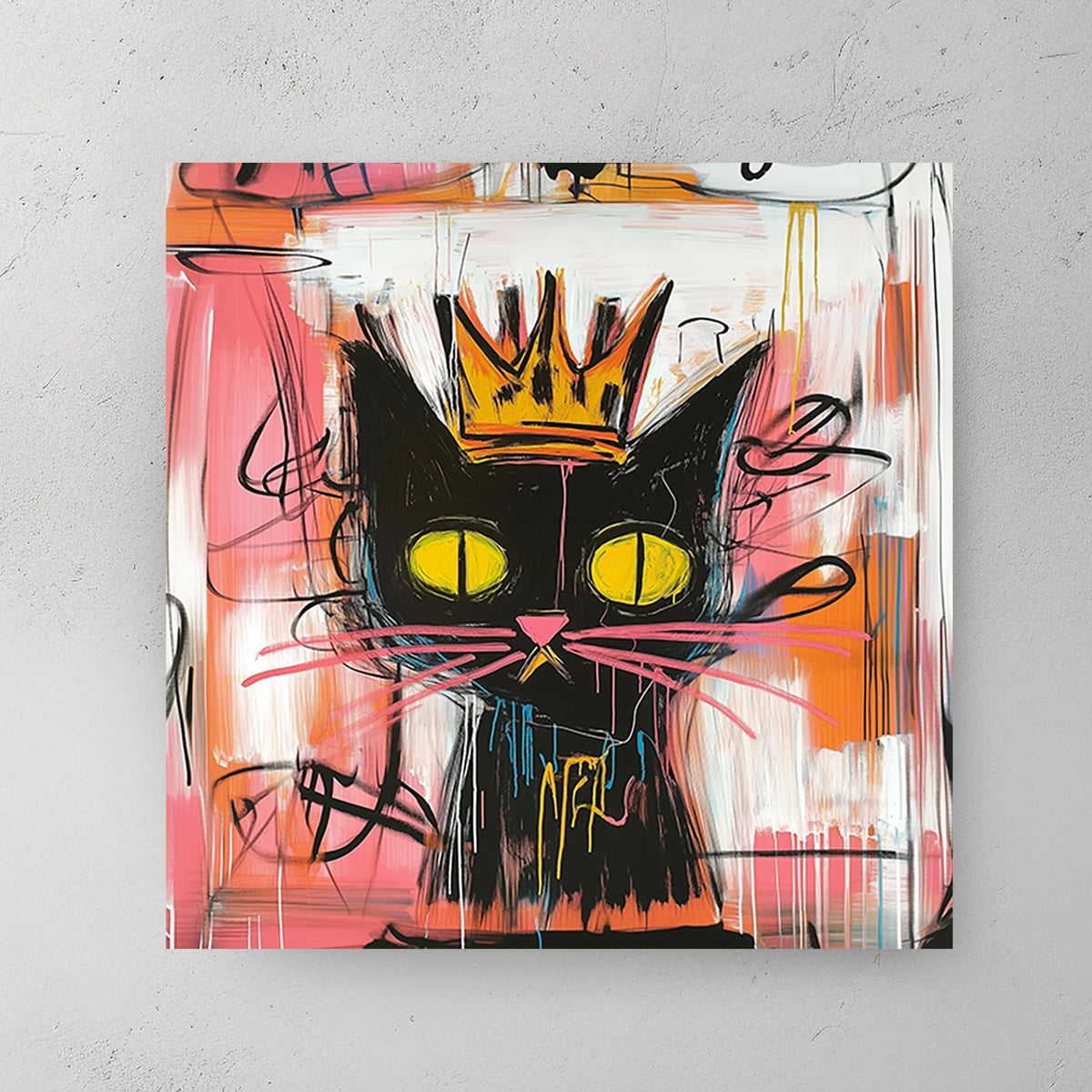 Abstract graffiti-style black cat with a golden crown and neon yellow eyes on a colourful background.