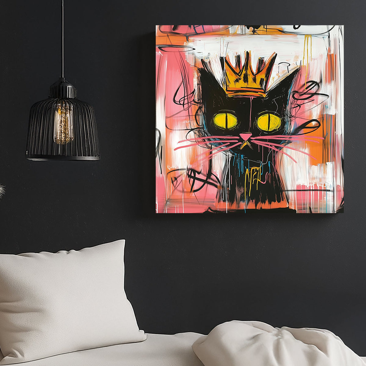Abstract graffiti-style black cat with a golden crown and neon yellow eyes on a colourful background.