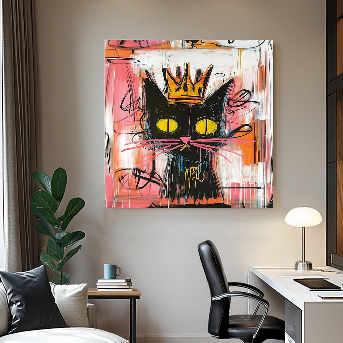 Abstract graffiti-style black cat with a golden crown and neon yellow eyes on a colourful background.