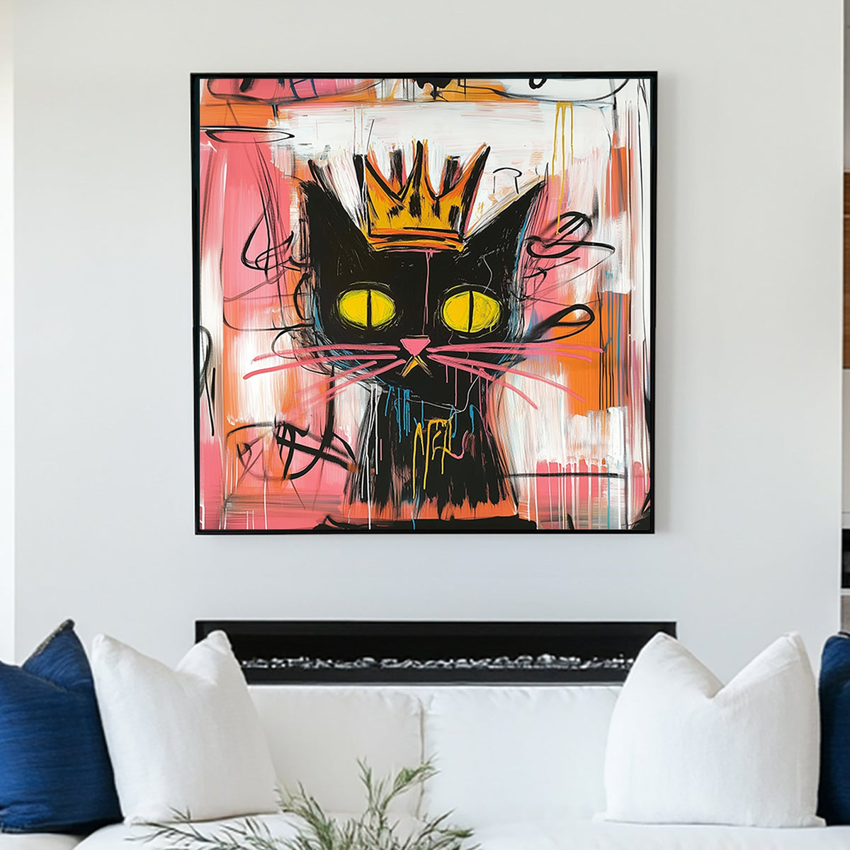 Abstract graffiti-style black cat with a golden crown and neon yellow eyes on a colourful background.
