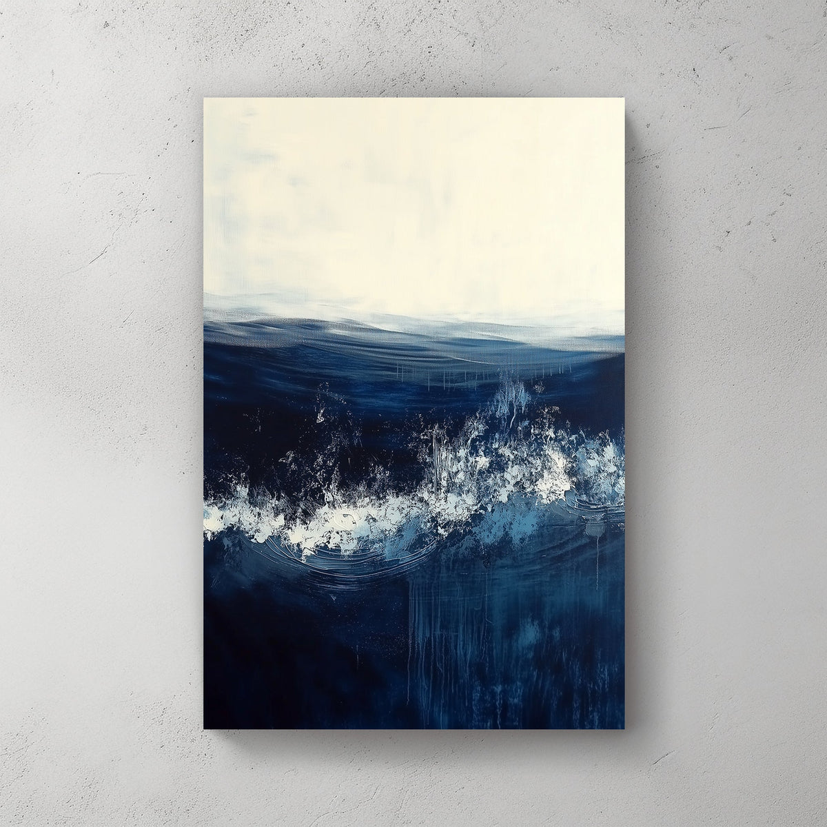 Abstract ocean wall art with deep blue waves and a soft white horizon.
