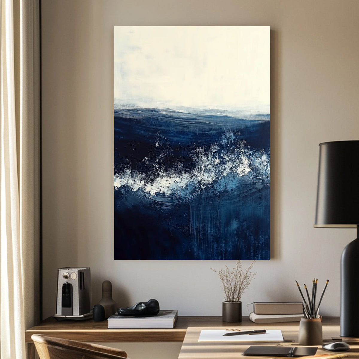 Abstract ocean wall art with deep blue waves and a soft white horizon.