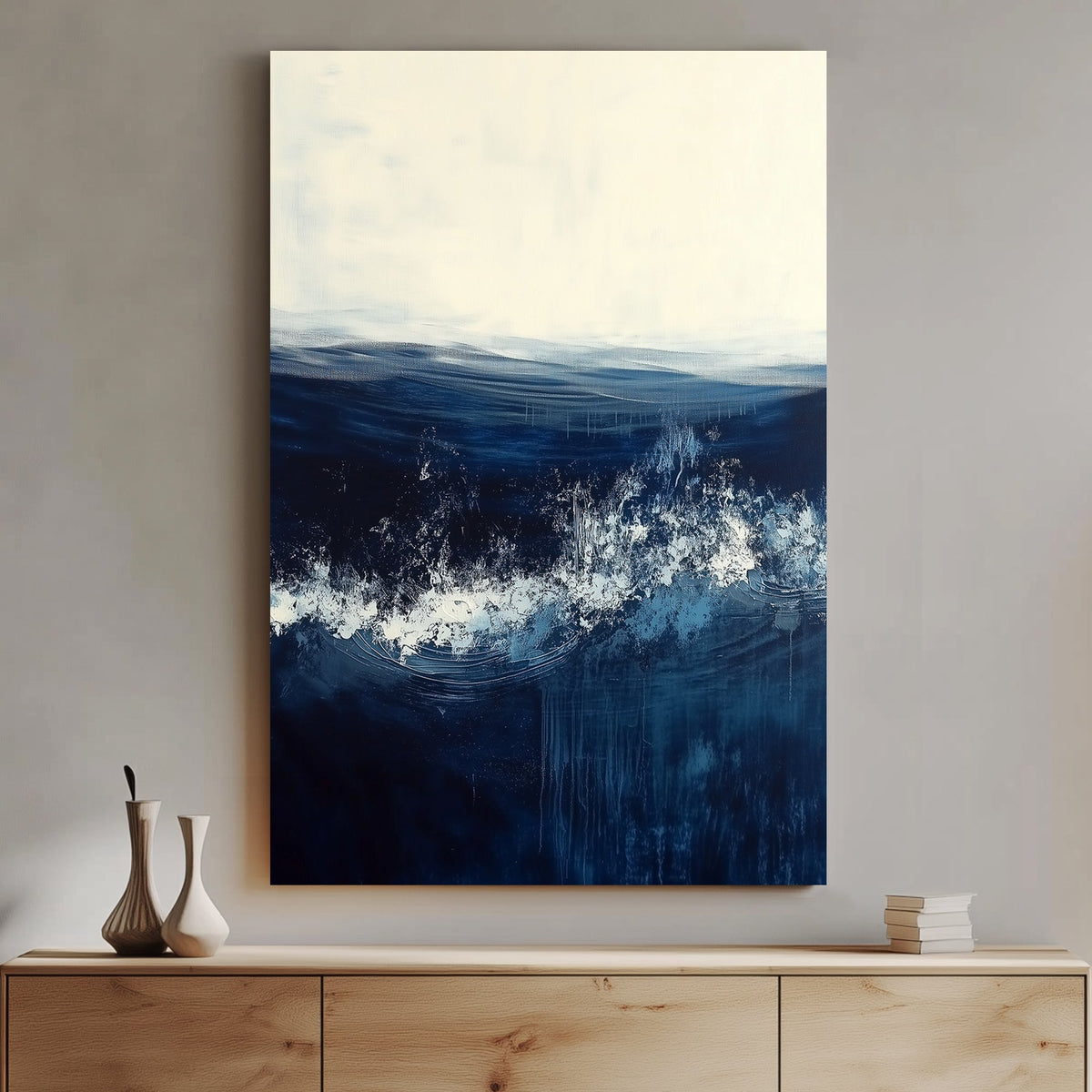 Abstract ocean wall art with deep blue waves and a soft white horizon.