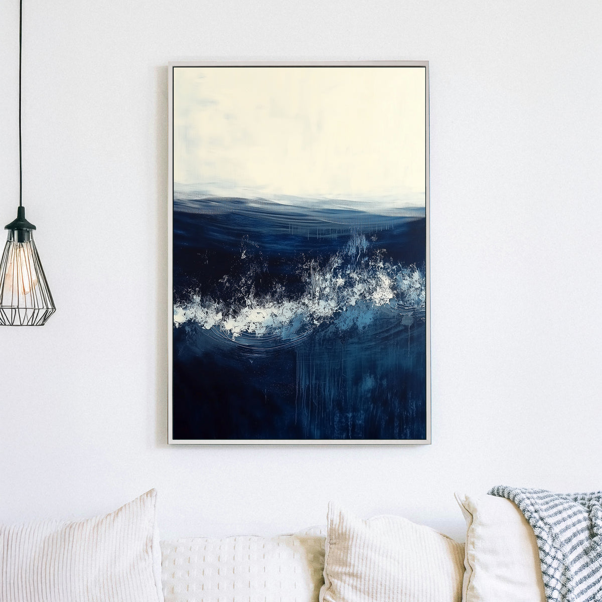 Abstract ocean wall art with deep blue waves and a soft white horizon.