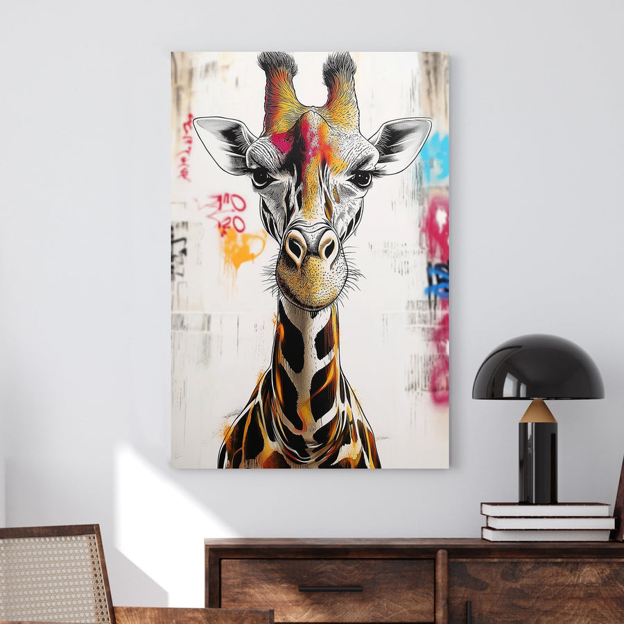 Graffiti-style giraffe portrait with bold colours on a textured urban background.