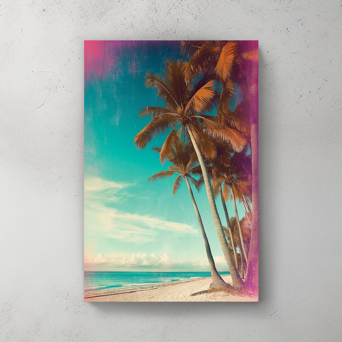 Retro-style tropical beach with leaning palm trees, a teal sky, and vintage textures.