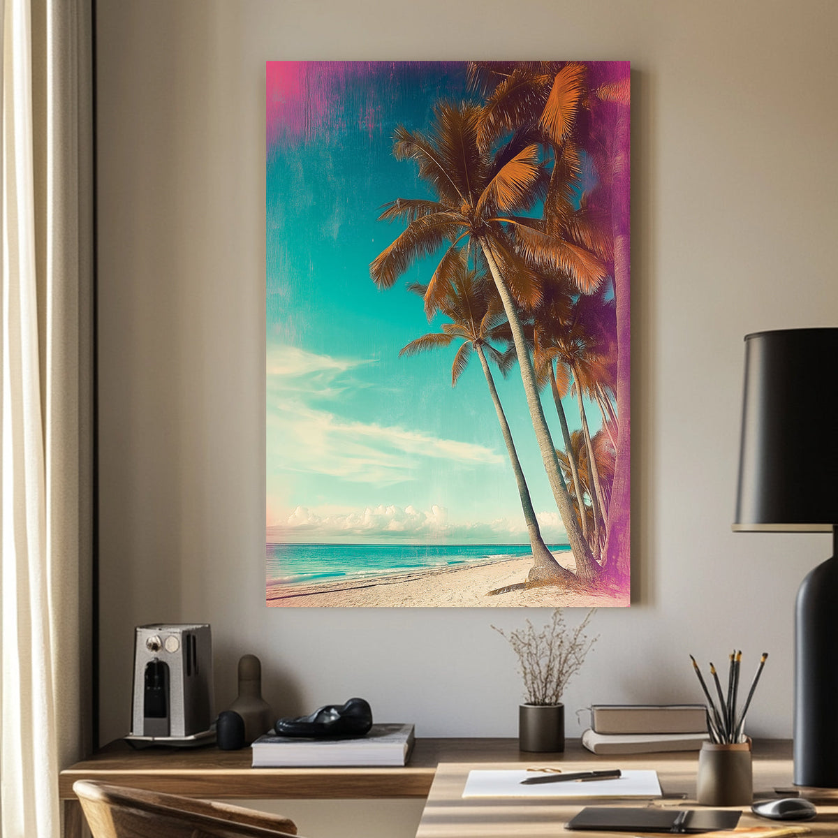 Retro-style tropical beach with leaning palm trees, a teal sky, and vintage textures.