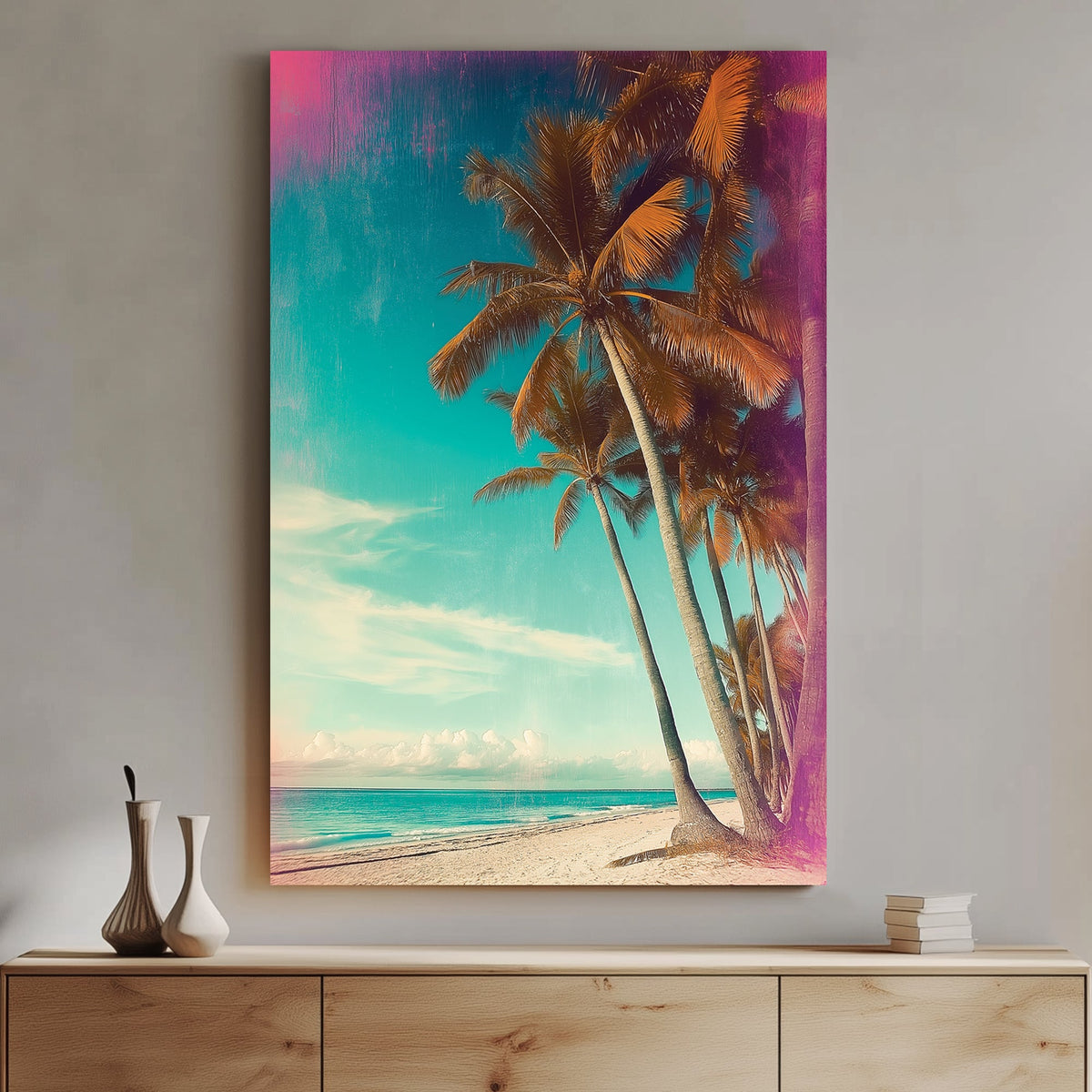 Retro-style tropical beach with leaning palm trees, a teal sky, and vintage textures.