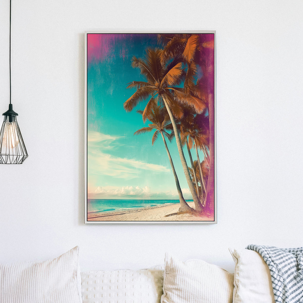Retro-style tropical beach with leaning palm trees, a teal sky, and vintage textures.