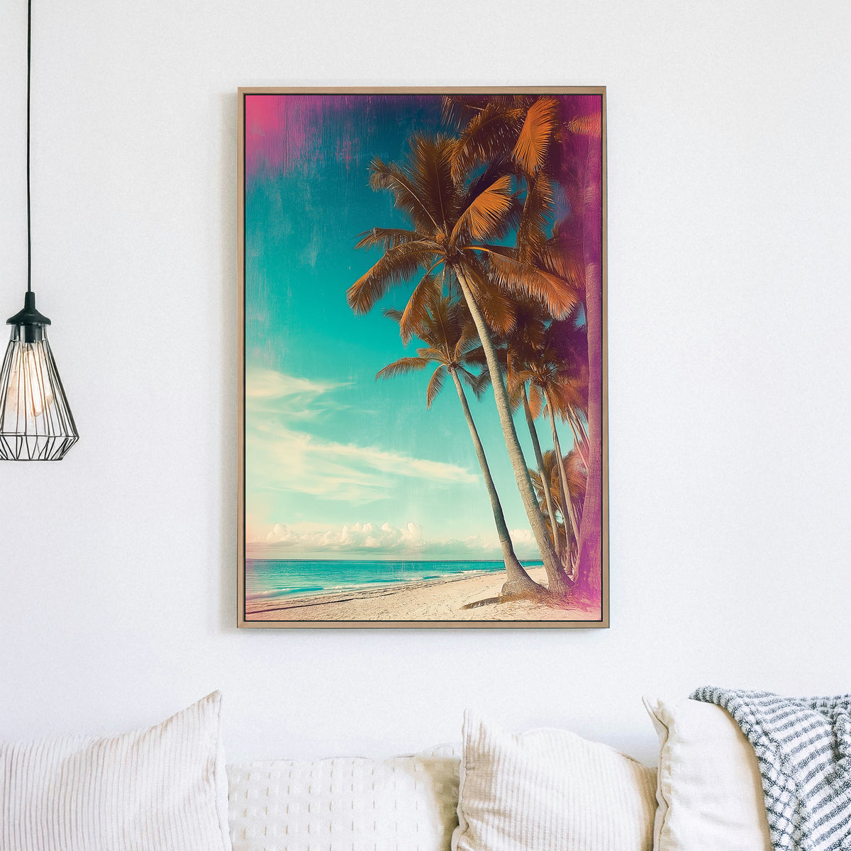 Retro-style tropical beach with leaning palm trees, a teal sky, and vintage textures.
