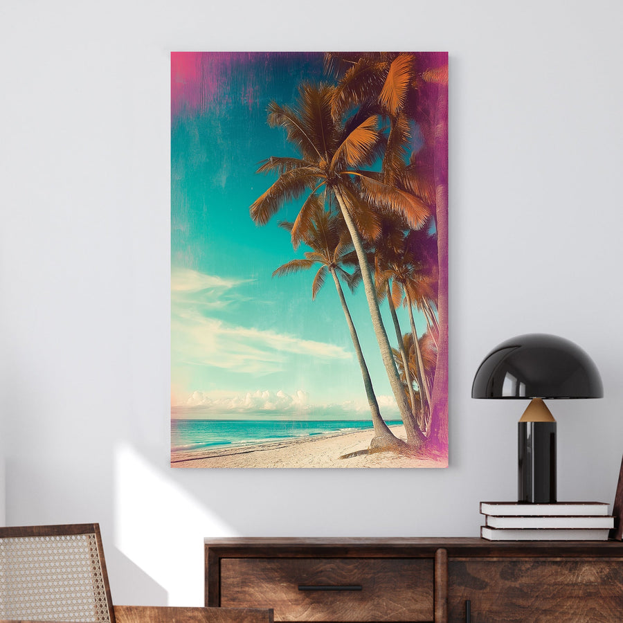 Retro-style tropical beach with leaning palm trees, a teal sky, and vintage textures.