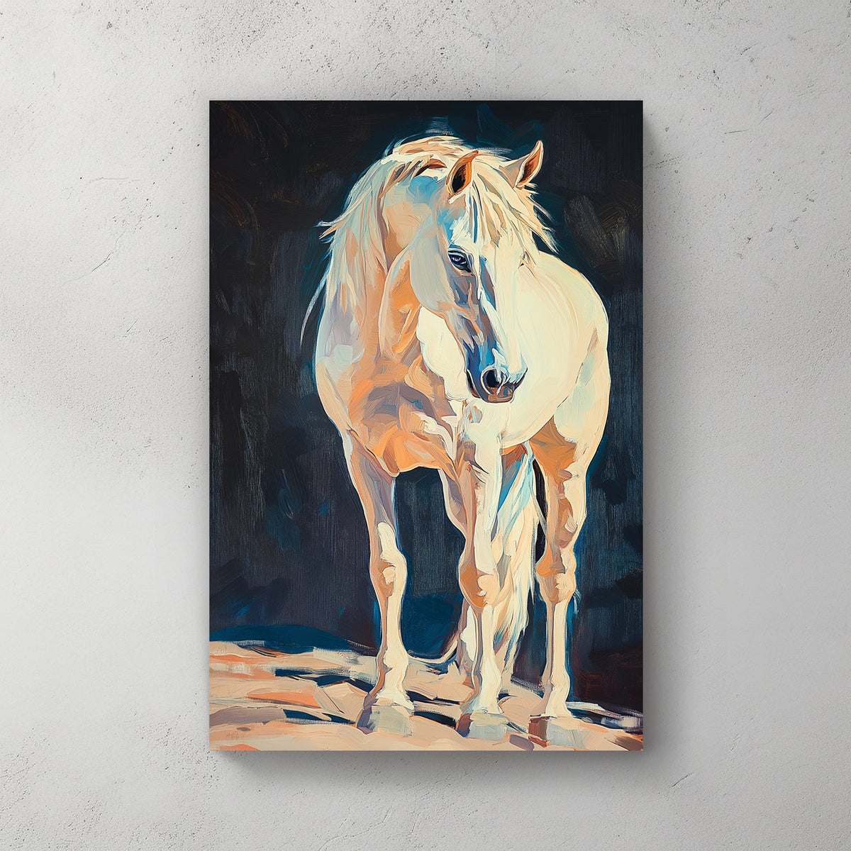 Oil wall art of a golden horse with flowing mane against a dark textured background.