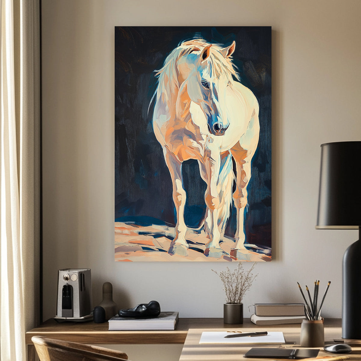 Oil wall art of a golden horse with flowing mane against a dark textured background.