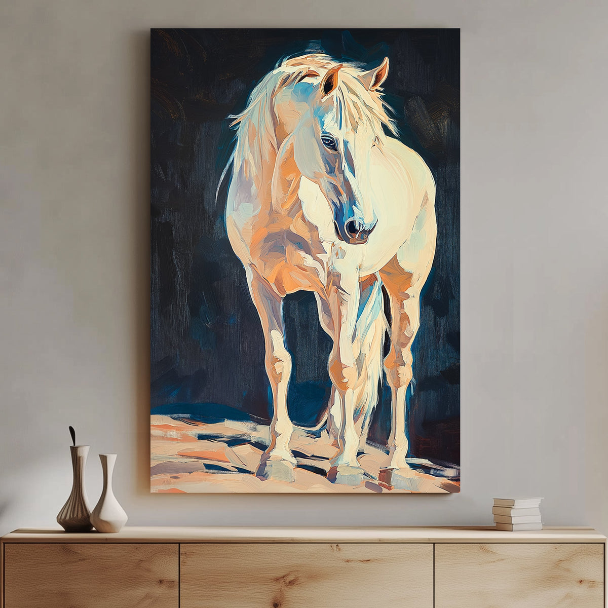 Oil wall art of a golden horse with flowing mane against a dark textured background.