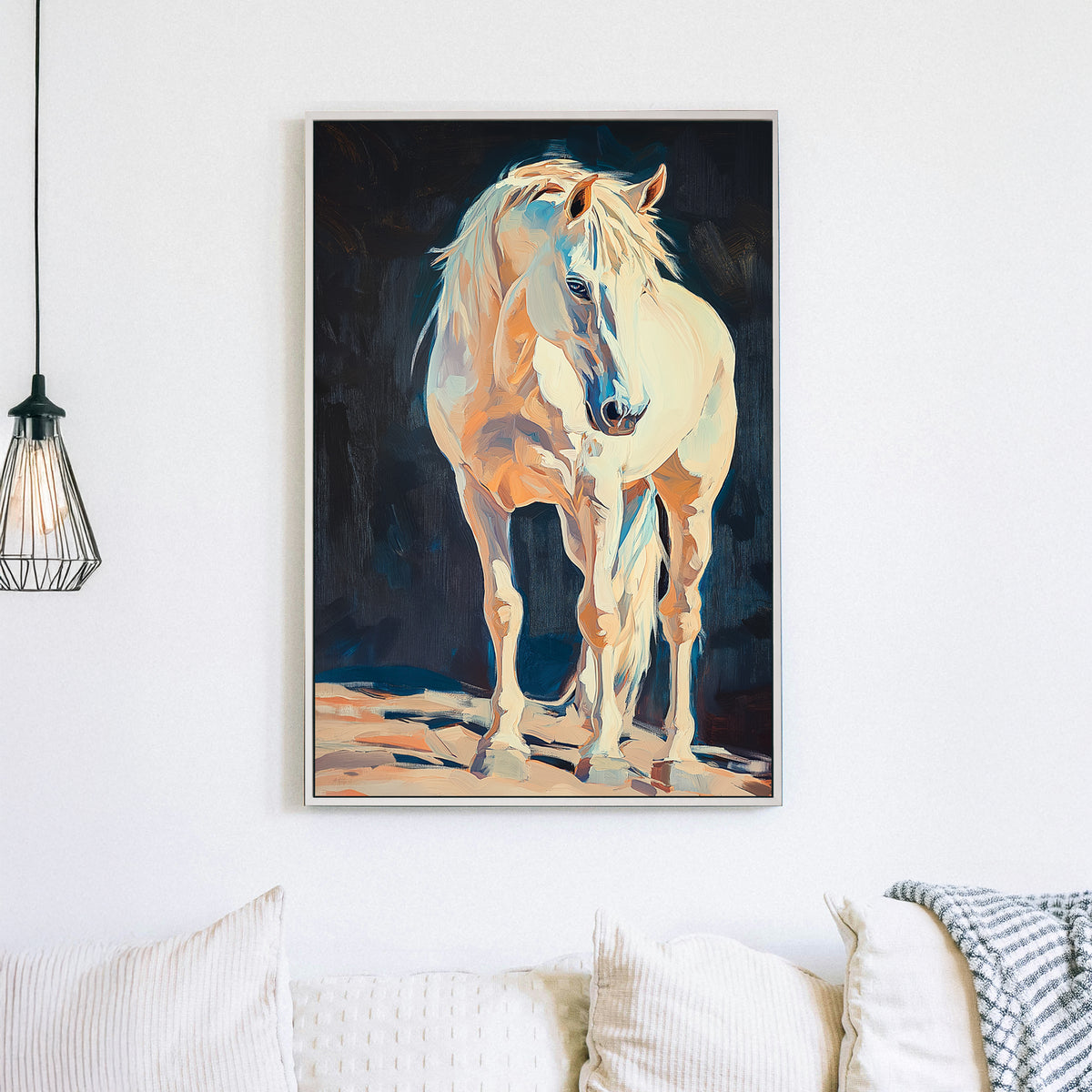 Oil wall art of a golden horse with flowing mane against a dark textured background.