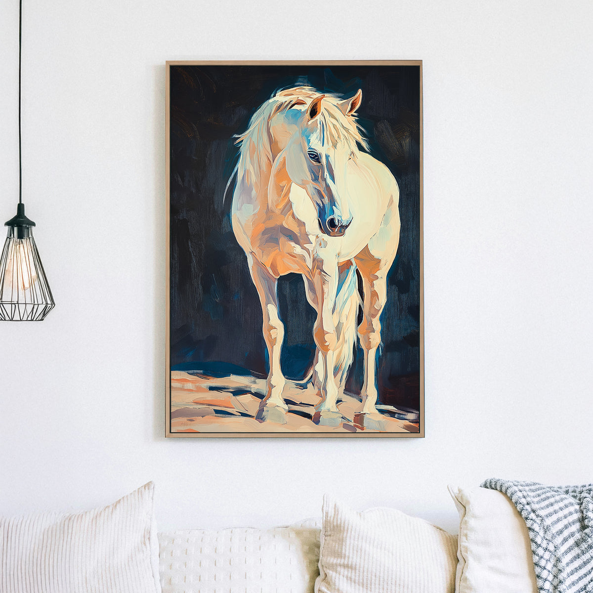 Oil wall art of a golden horse with flowing mane against a dark textured background.