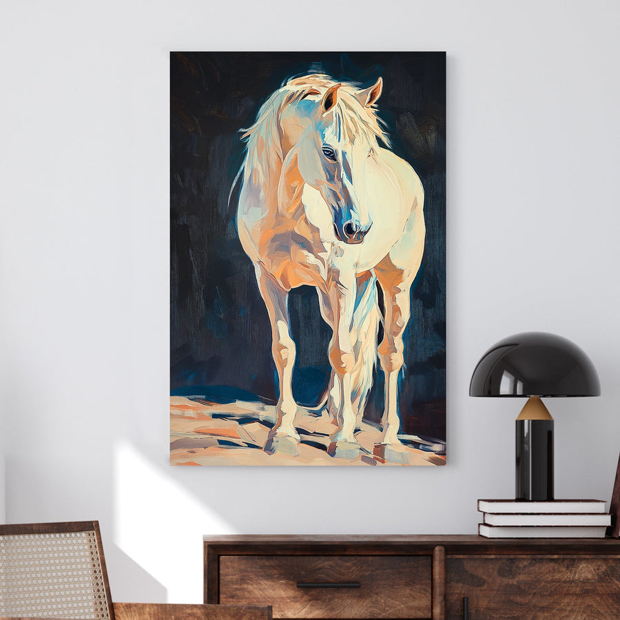 Oil wall art of a golden horse with flowing mane against a dark textured background.