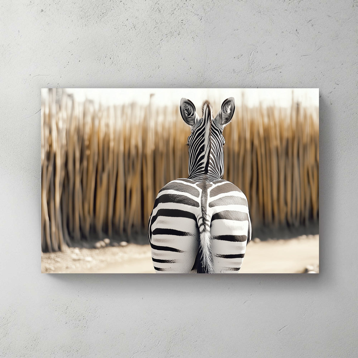 Zebra seen from behind, showcasing bold black-and-white stripes against a blurred, warm-toned background.