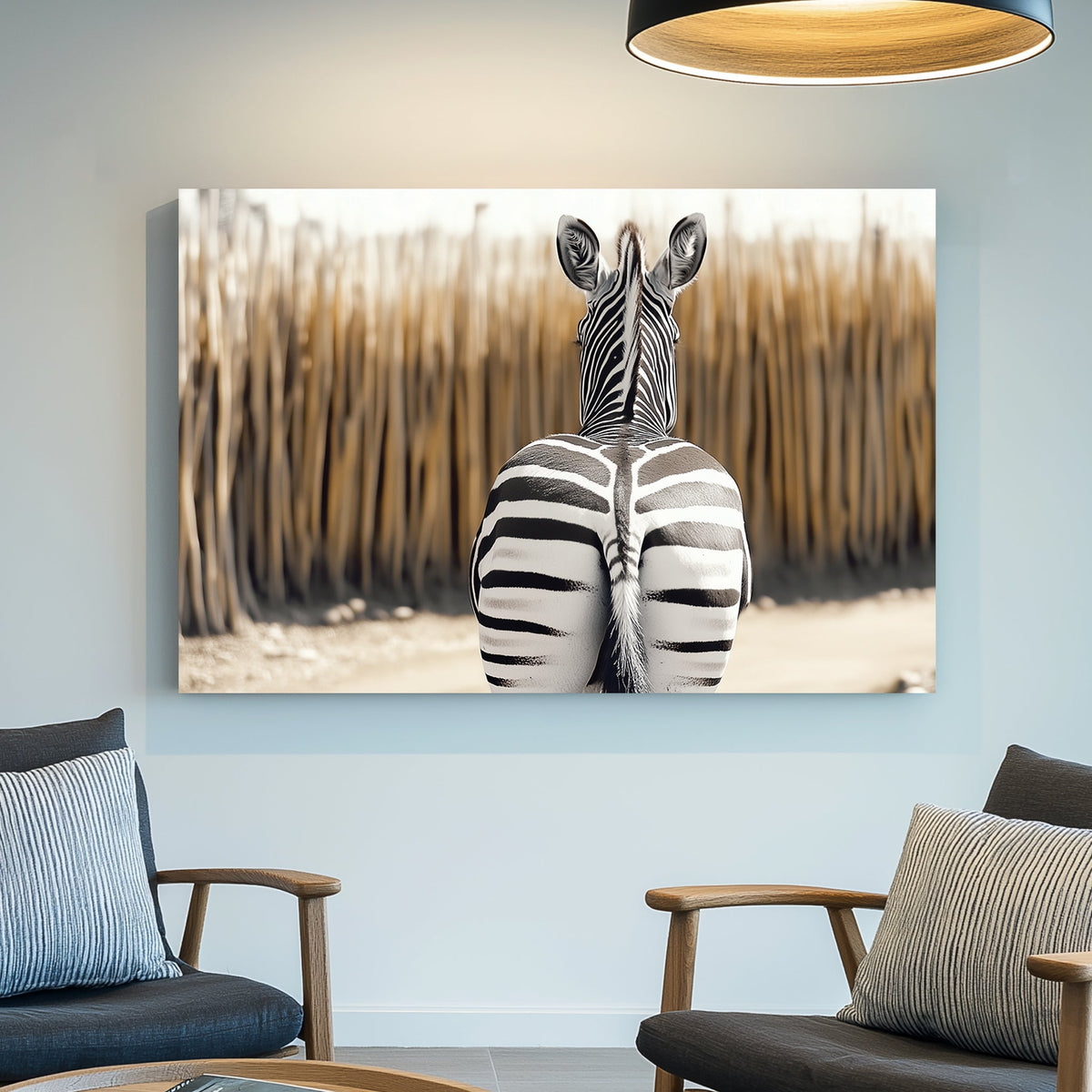 Zebra seen from behind, showcasing bold black-and-white stripes against a blurred, warm-toned background.