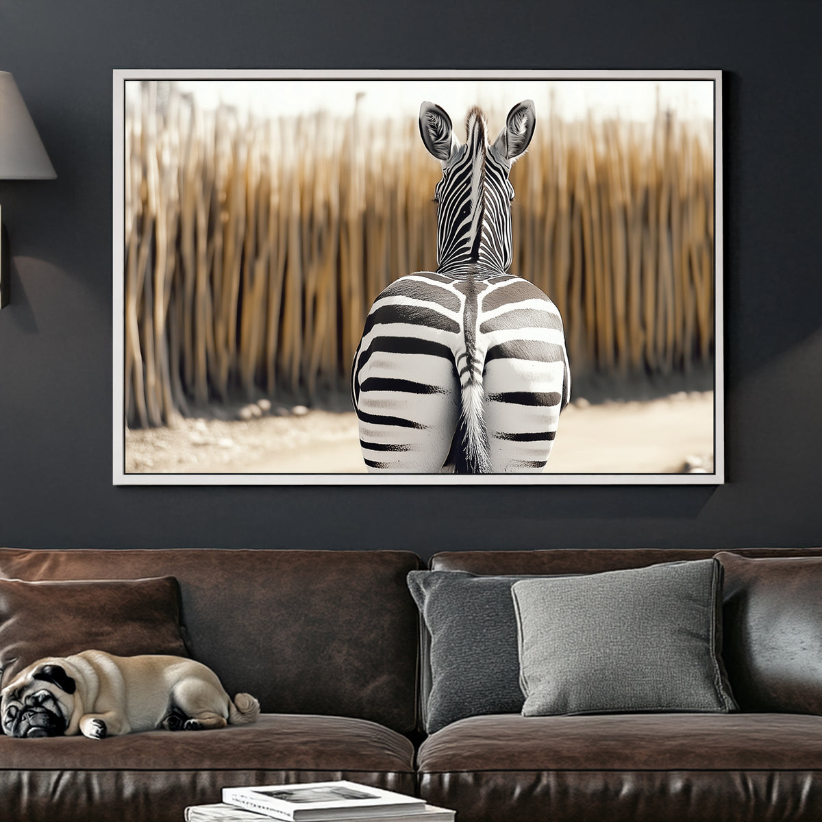 Zebra seen from behind, showcasing bold black-and-white stripes against a blurred, warm-toned background.