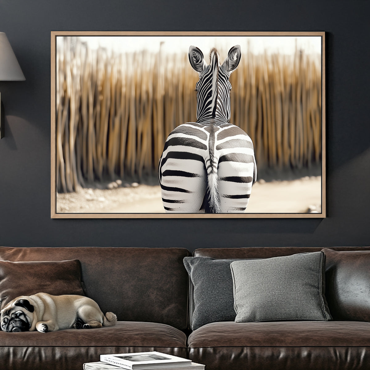 Zebra seen from behind, showcasing bold black-and-white stripes against a blurred, warm-toned background.