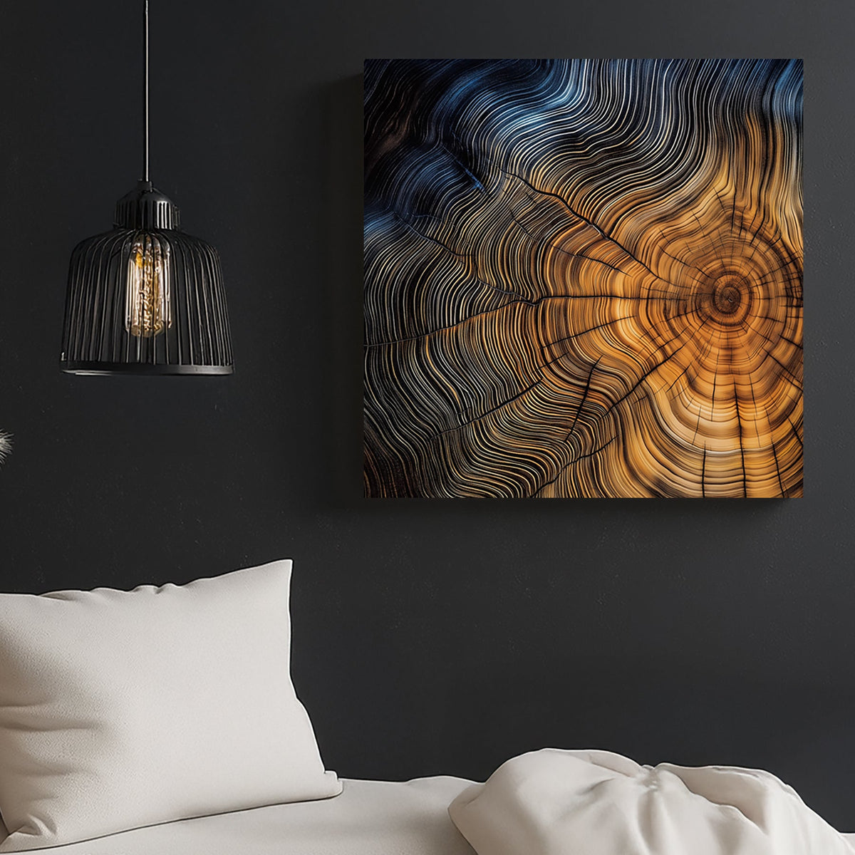 Close-up of a tree cross-section with detailed growth rings in warm golden and deep blue tones.