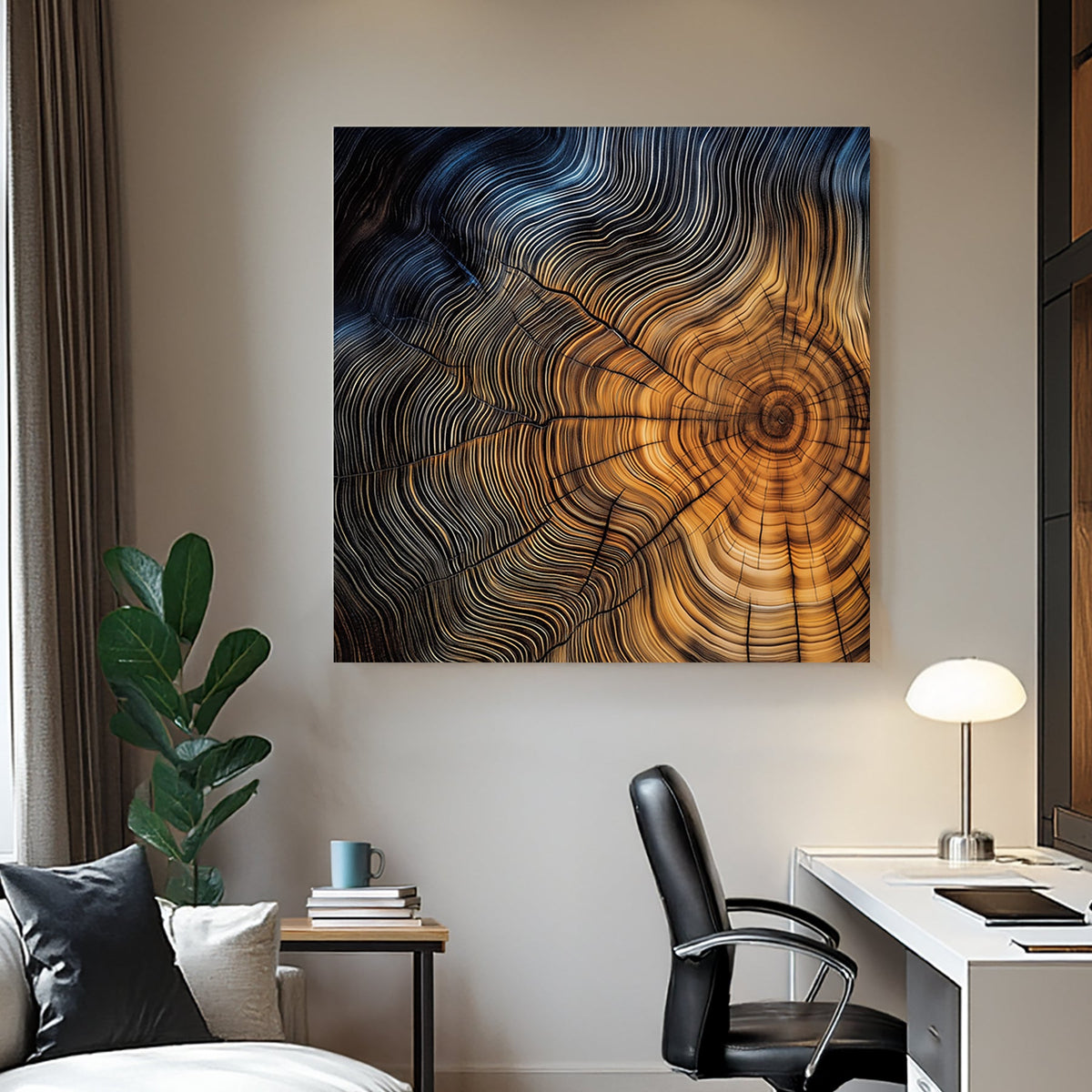 Close-up of a tree cross-section with detailed growth rings in warm golden and deep blue tones.
