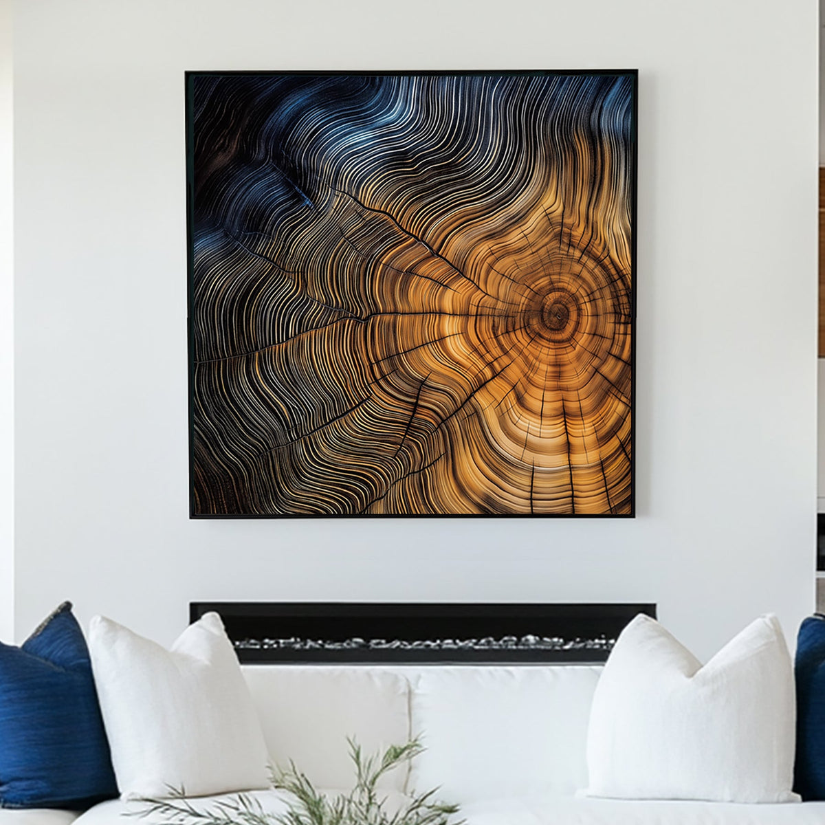 Close-up of a tree cross-section with detailed growth rings in warm golden and deep blue tones.