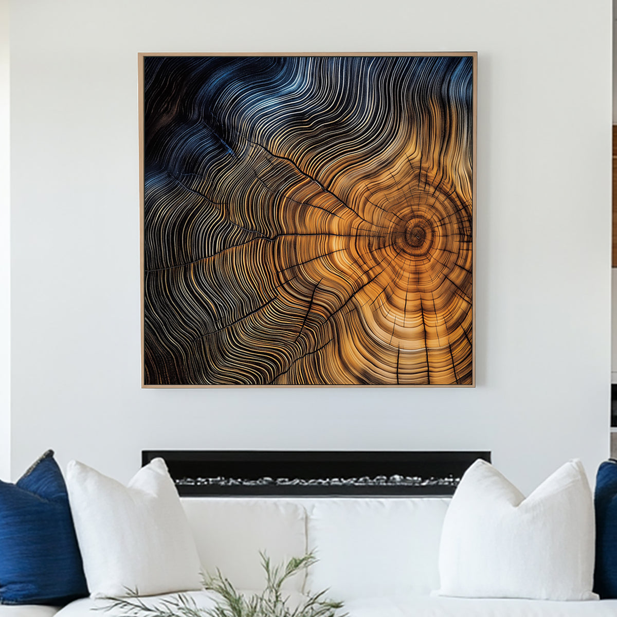 Close-up of a tree cross-section with detailed growth rings in warm golden and deep blue tones.