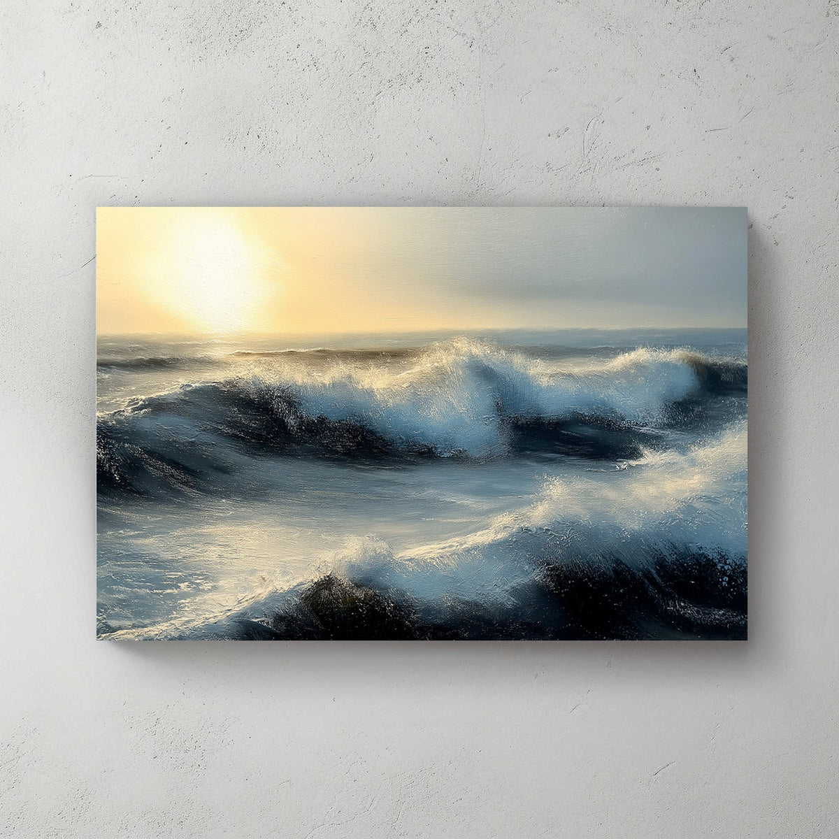 Ocean waves crashing under a golden sunset, capturing movement and light in a dramatic seascape.