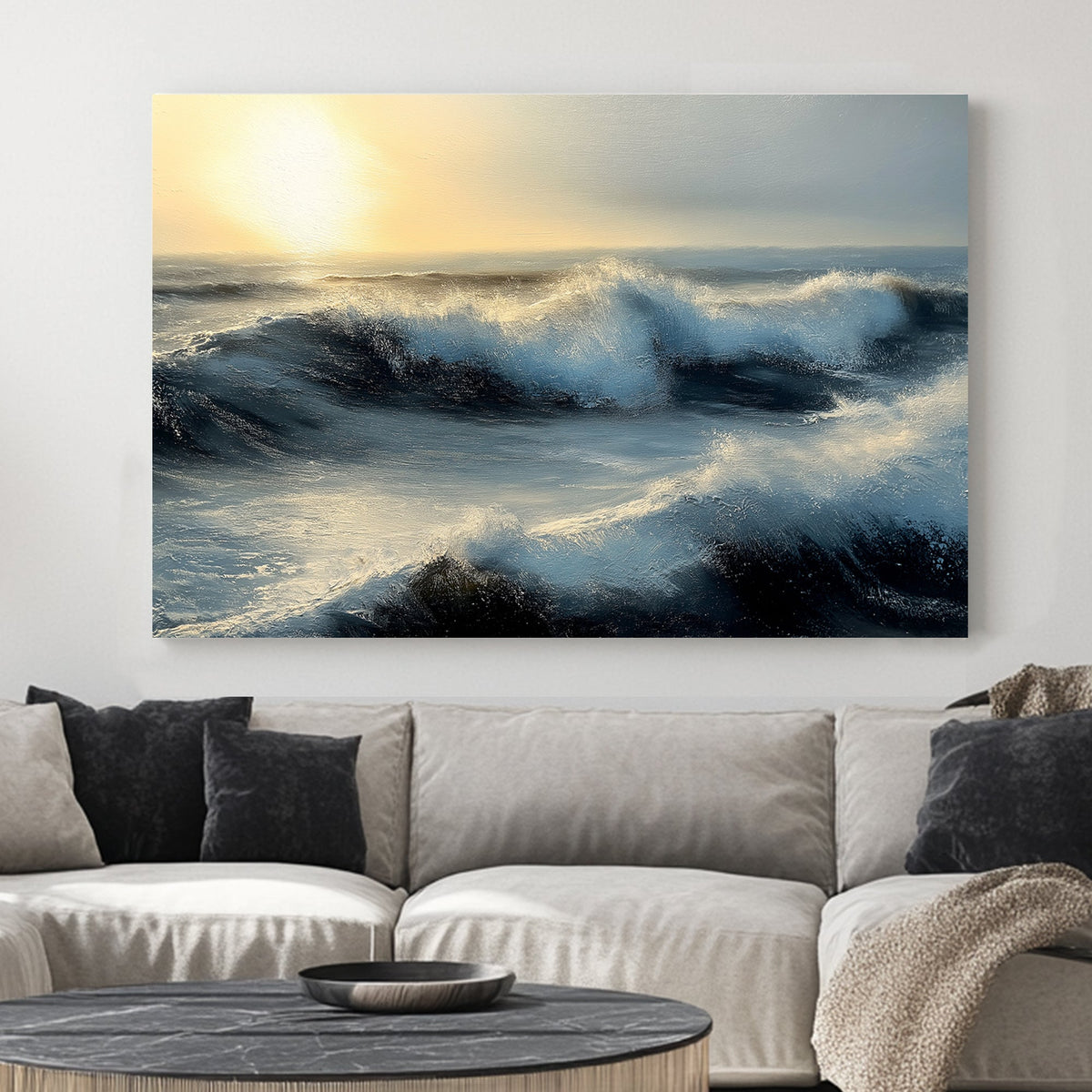 Ocean waves crashing under a golden sunset, capturing movement and light in a dramatic seascape.
