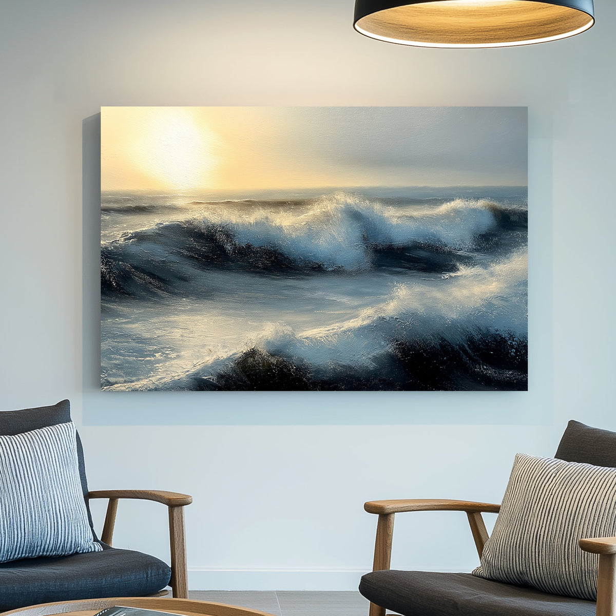 Ocean waves crashing under a golden sunset, capturing movement and light in a dramatic seascape.