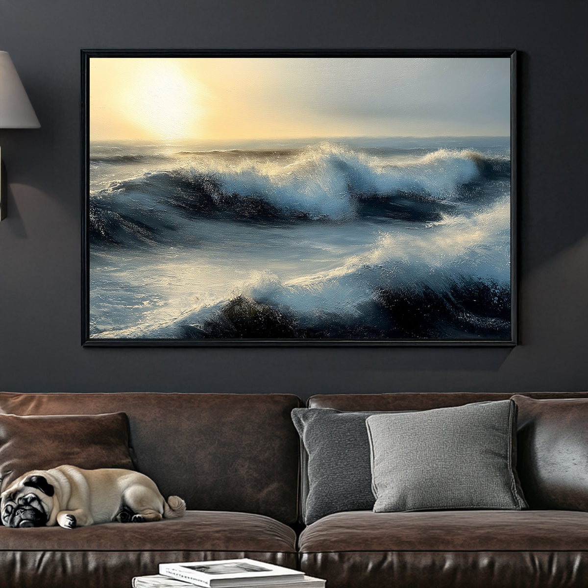 Ocean waves crashing under a golden sunset, capturing movement and light in a dramatic seascape.