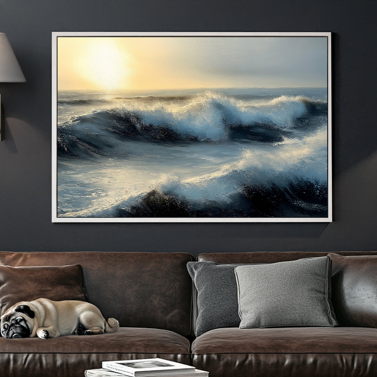 Ocean waves crashing under a golden sunset, capturing movement and light in a dramatic seascape.