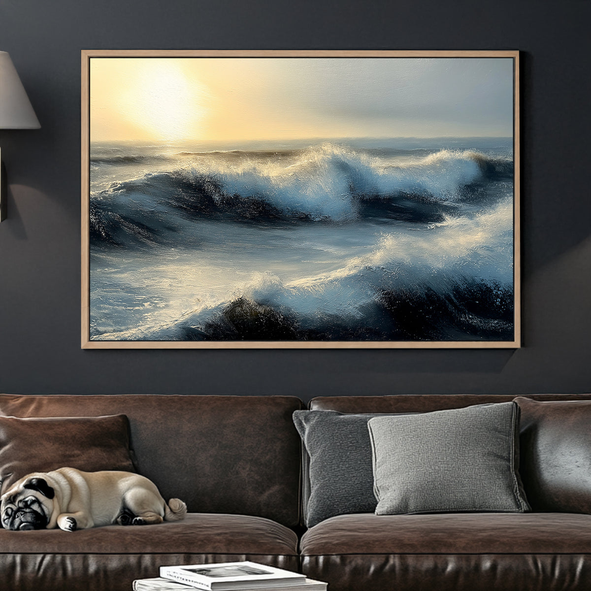 Ocean waves crashing under a golden sunset, capturing movement and light in a dramatic seascape.