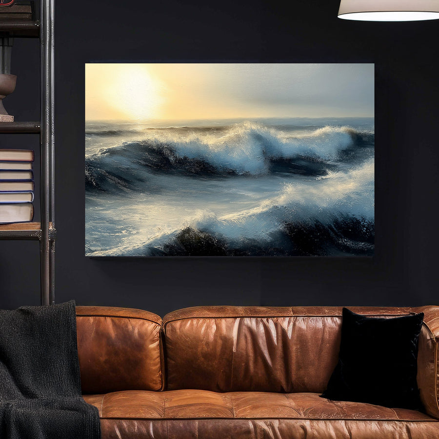 Ocean waves crashing under a golden sunset, capturing movement and light in a dramatic seascape.