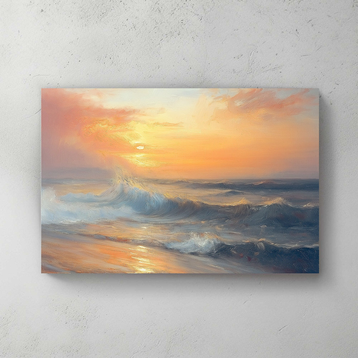 Golden sunset over ocean waves, textured impressionist wall art for coastal decor.
