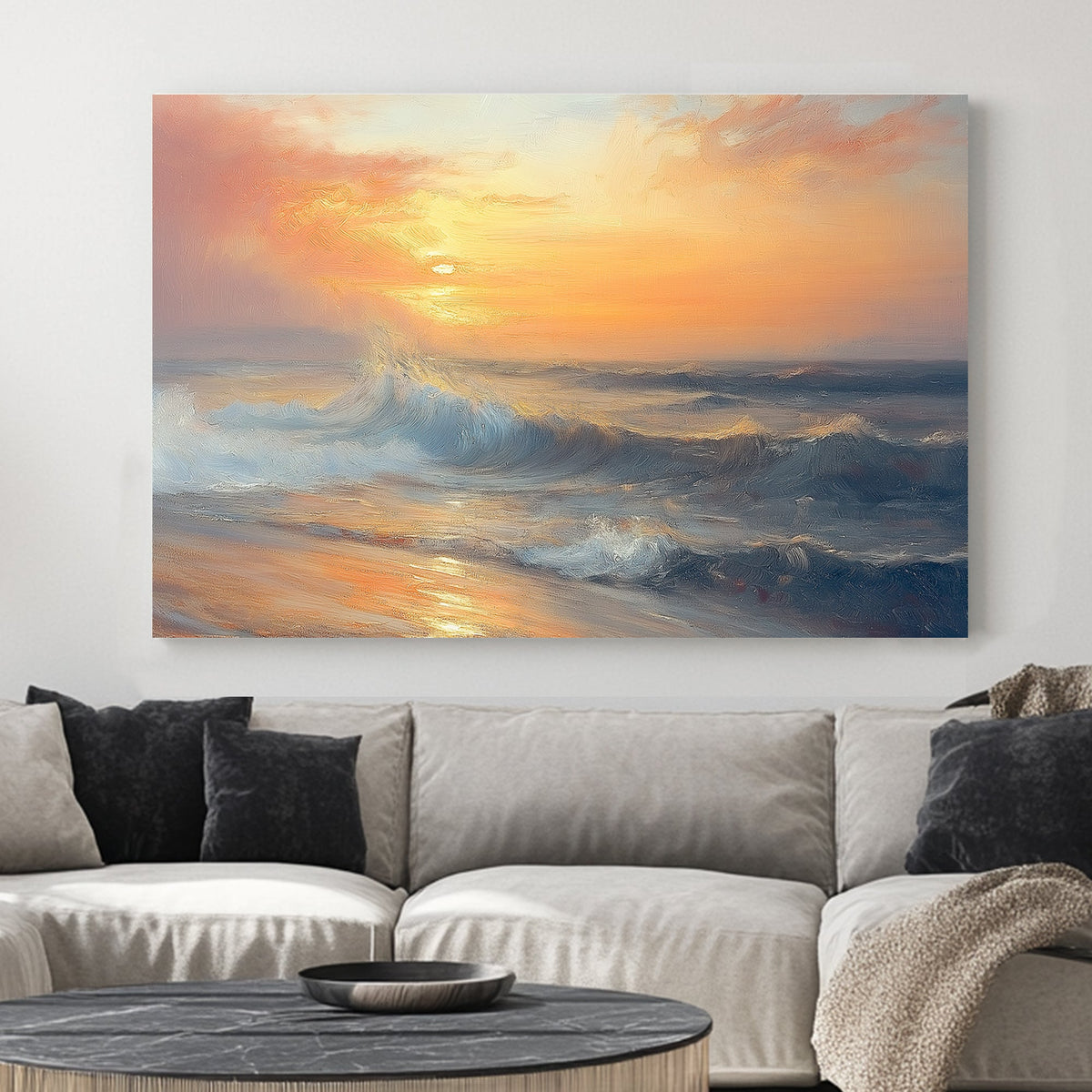 Golden sunset over ocean waves, textured impressionist wall art for coastal decor.