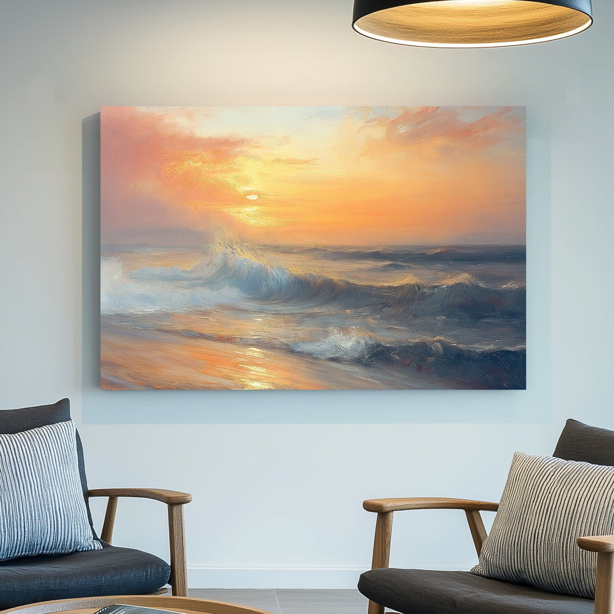 Golden sunset over ocean waves, textured impressionist wall art for coastal decor.