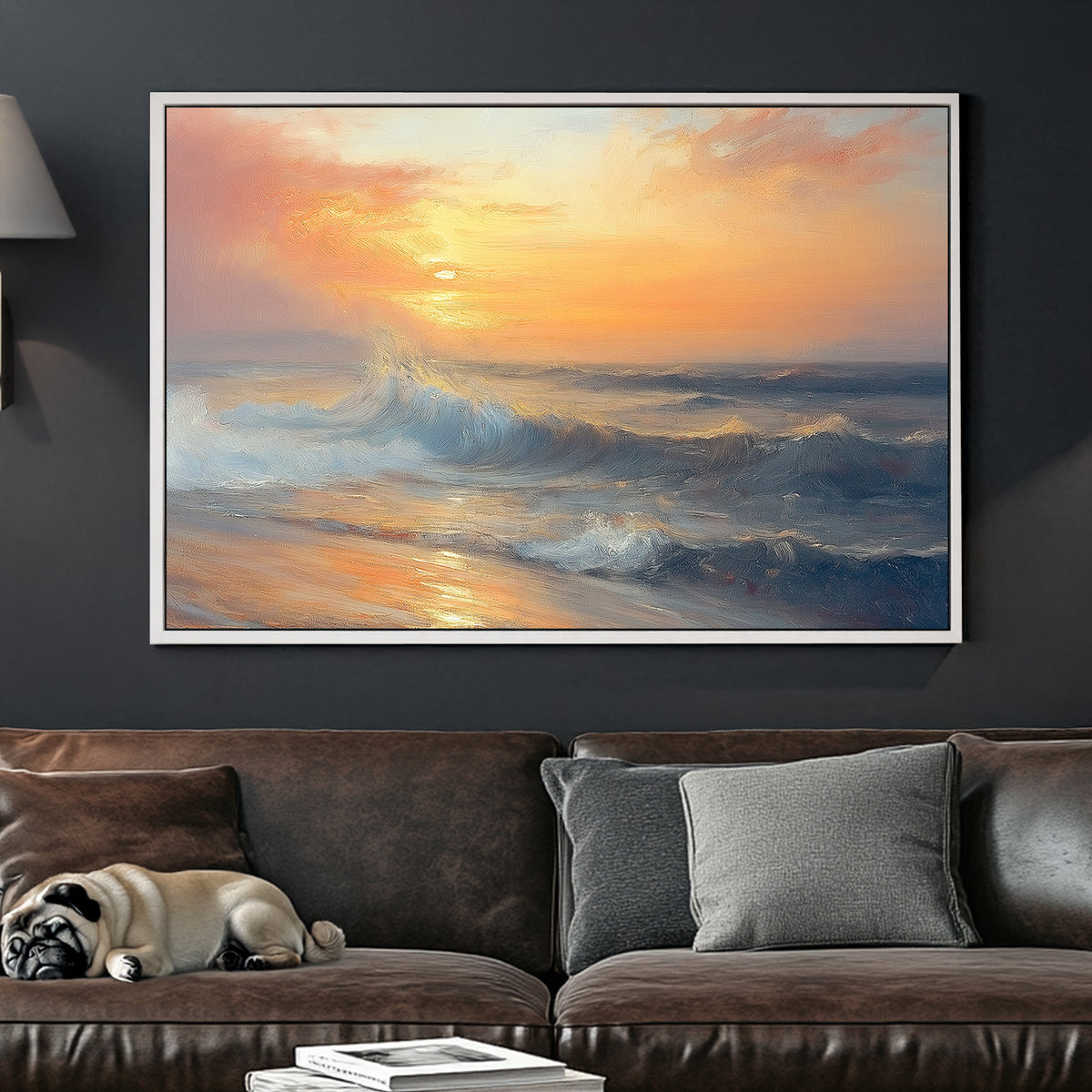 Golden sunset over ocean waves, textured impressionist wall art for coastal decor.